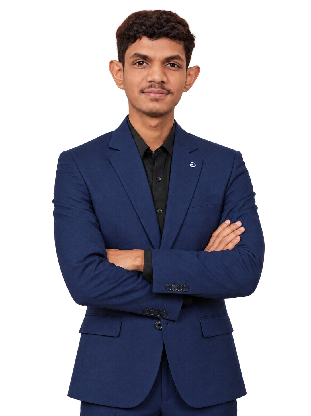 Pallab Barman wearing a navy suit with arms crossed