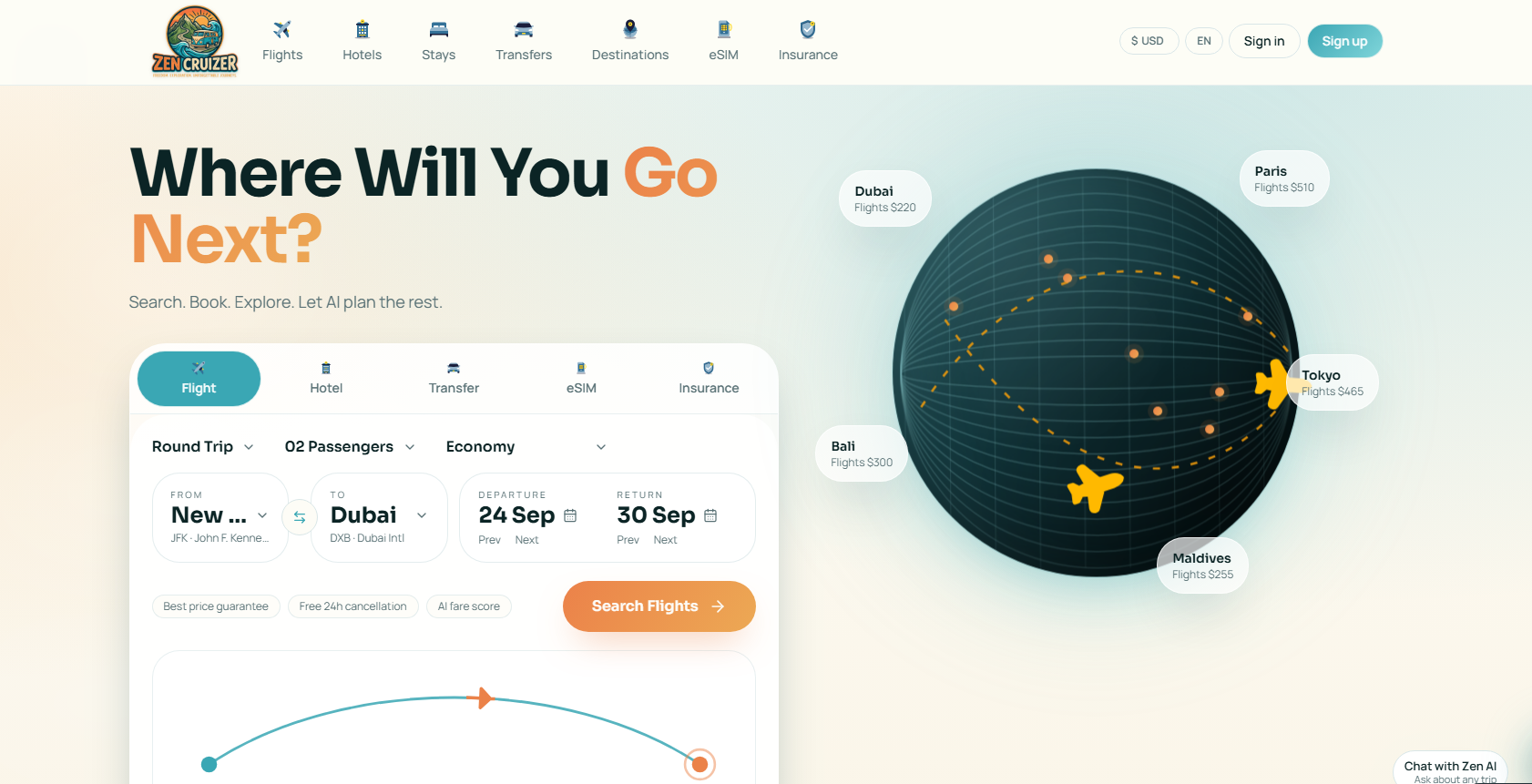 Zen Cruiser travel homepage with destination search